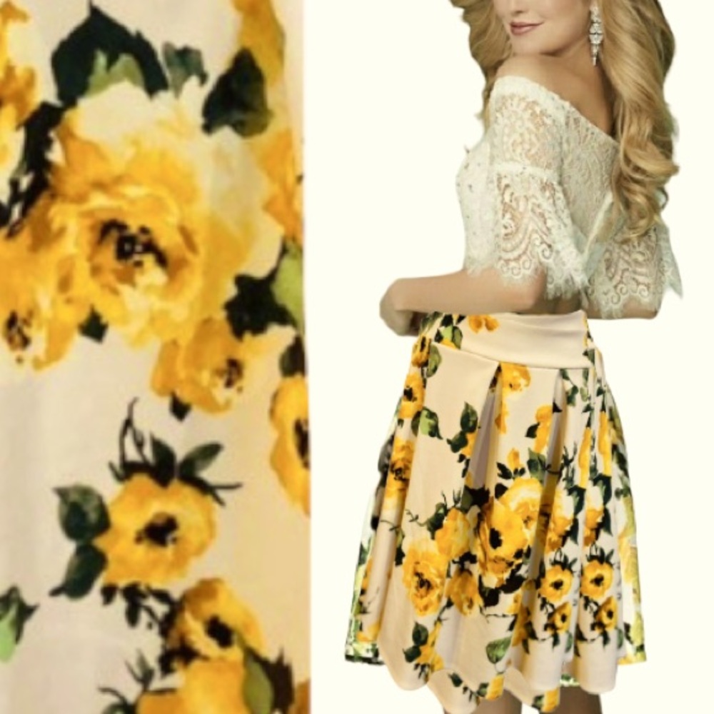 Skirt floral yellow ivory green fashion large new knee sundress bottom cocktail